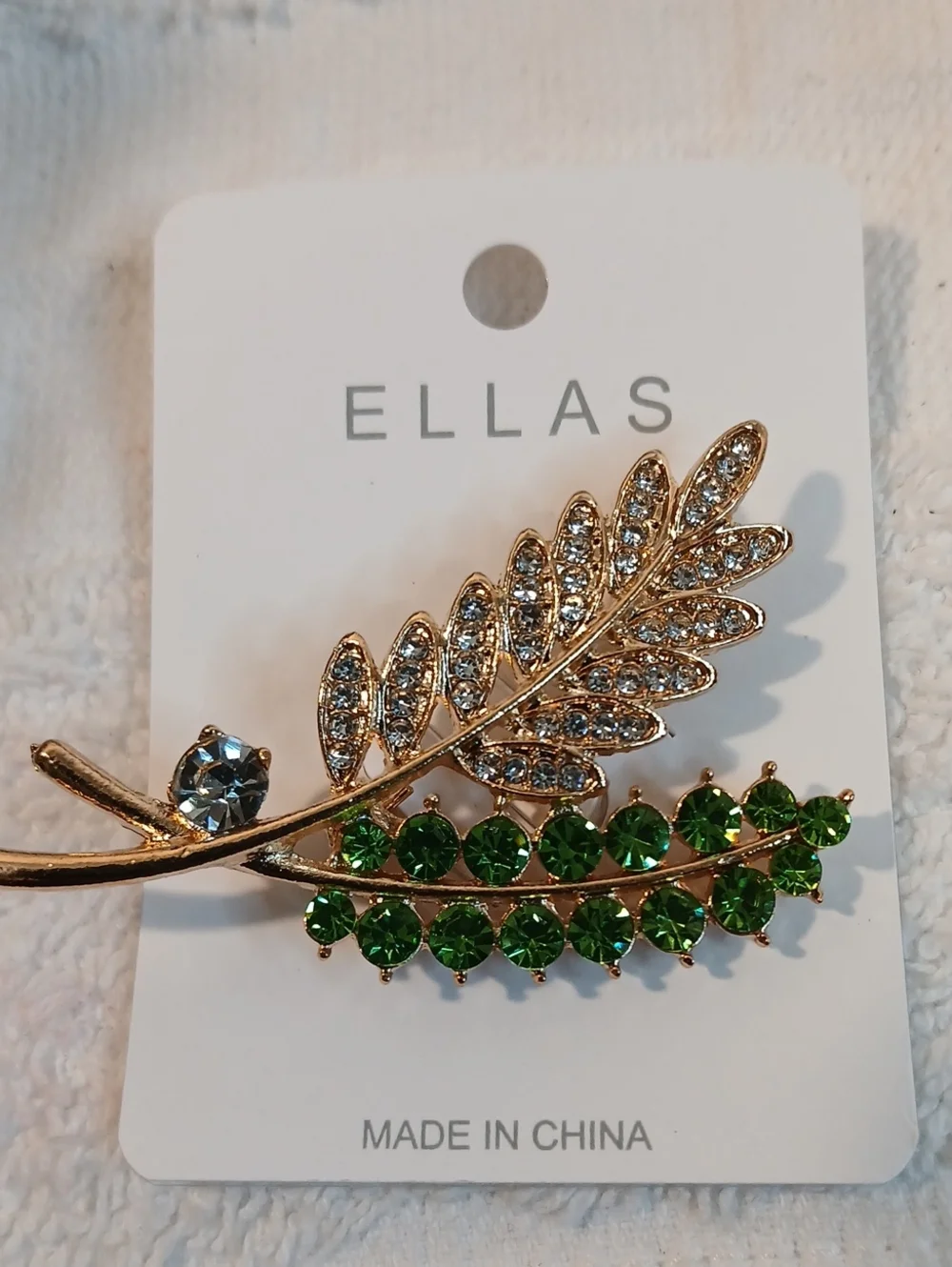 Ella Gold-Tone Leaf Brooch with Green and Clear Rhinestones